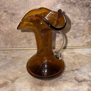 vintage amber crackle glass handled pitcher jug vase 5-1/8”